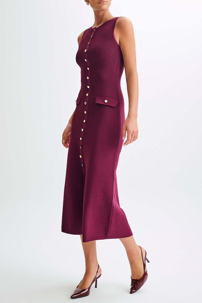 Elegante vestido sin mangas con cuello redondo y hebilla de color sólido (4 colores)