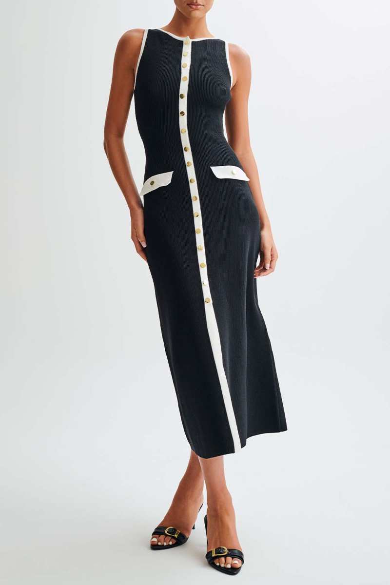 Elegante vestido sin mangas con cuello redondo y hebilla de color sólido (4 colores)