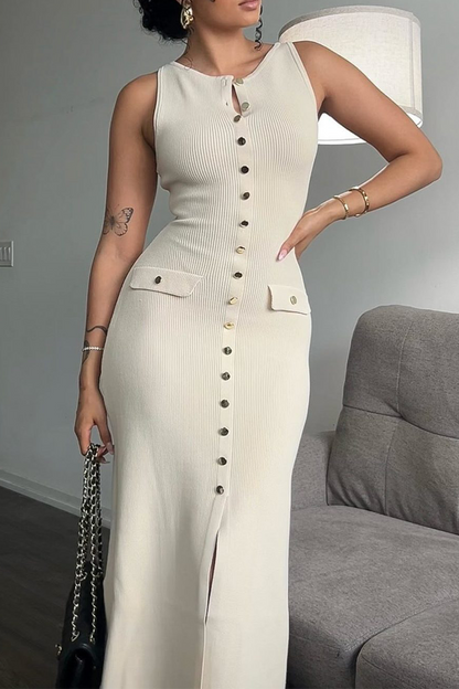 Elegante vestido sin mangas con cuello redondo y hebilla de color sólido (4 colores)