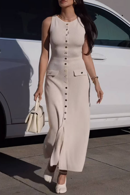 Elegante vestido sin mangas con cuello redondo y hebilla de color sólido (4 colores)