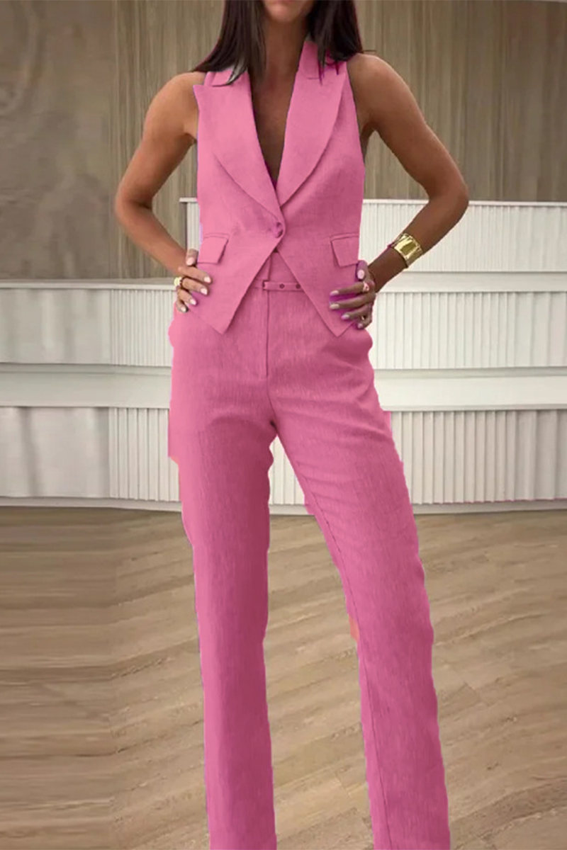 Conjunto informal de dos piezas, sin mangas, con cuello vuelto, botones y color liso para uso diario (3 colores)