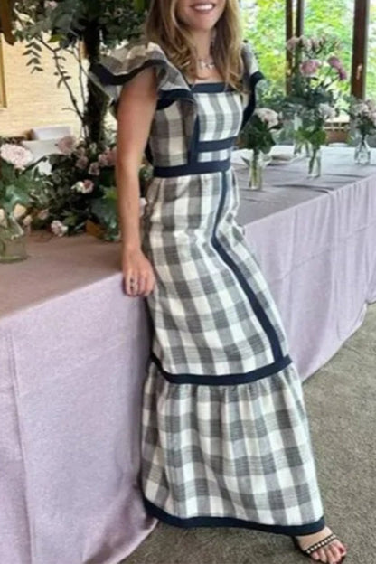 Vestido informal elegante de cuadros con volantes y cuello cuadrado, corte A (3 colores)