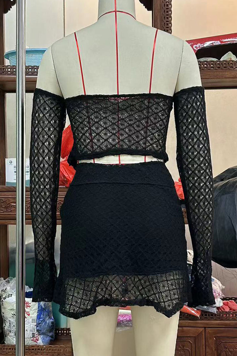 Conjunto de dos piezas de manga larga con hombros descubiertos, sexy, de color sólido, con encaje y cordones irregulares (3 colores)