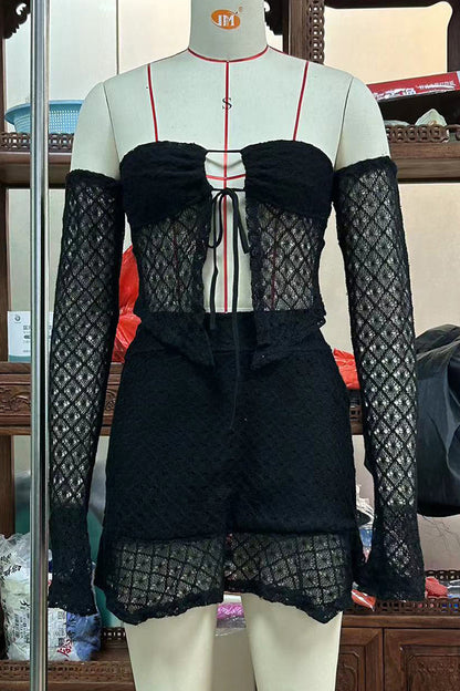 Conjunto de dos piezas de manga larga con hombros descubiertos, sexy, de color sólido, con encaje y cordones irregulares (3 colores)