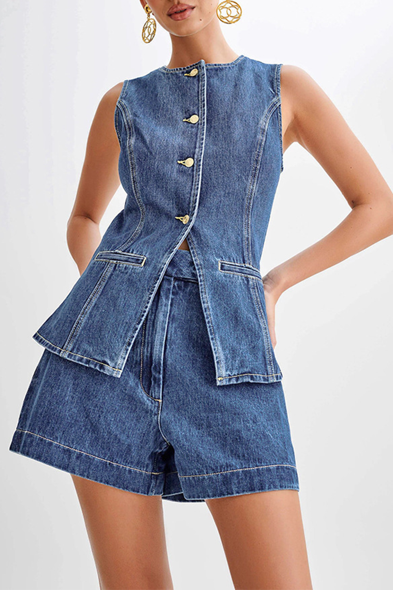 Conjunto informal de dos piezas con cuello redondo, sin mangas, color liso, botones y patchwork (4 colores)