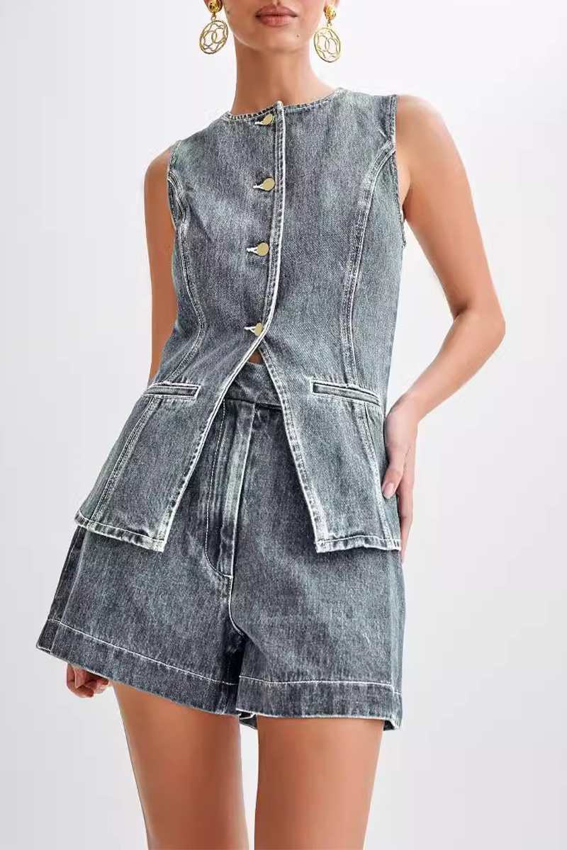 Conjunto informal de dos piezas con cuello redondo, sin mangas, color liso, botones y patchwork (4 colores)