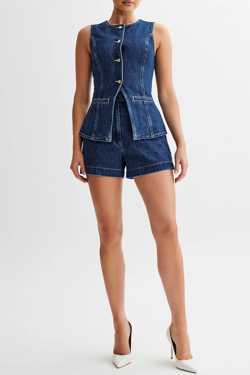 Conjunto informal de dos piezas con cuello redondo, sin mangas, color liso, botones y patchwork (4 colores)