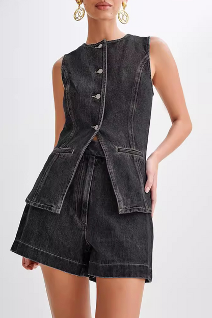 Conjunto informal de dos piezas con cuello redondo, sin mangas, color liso, botones y patchwork (4 colores)