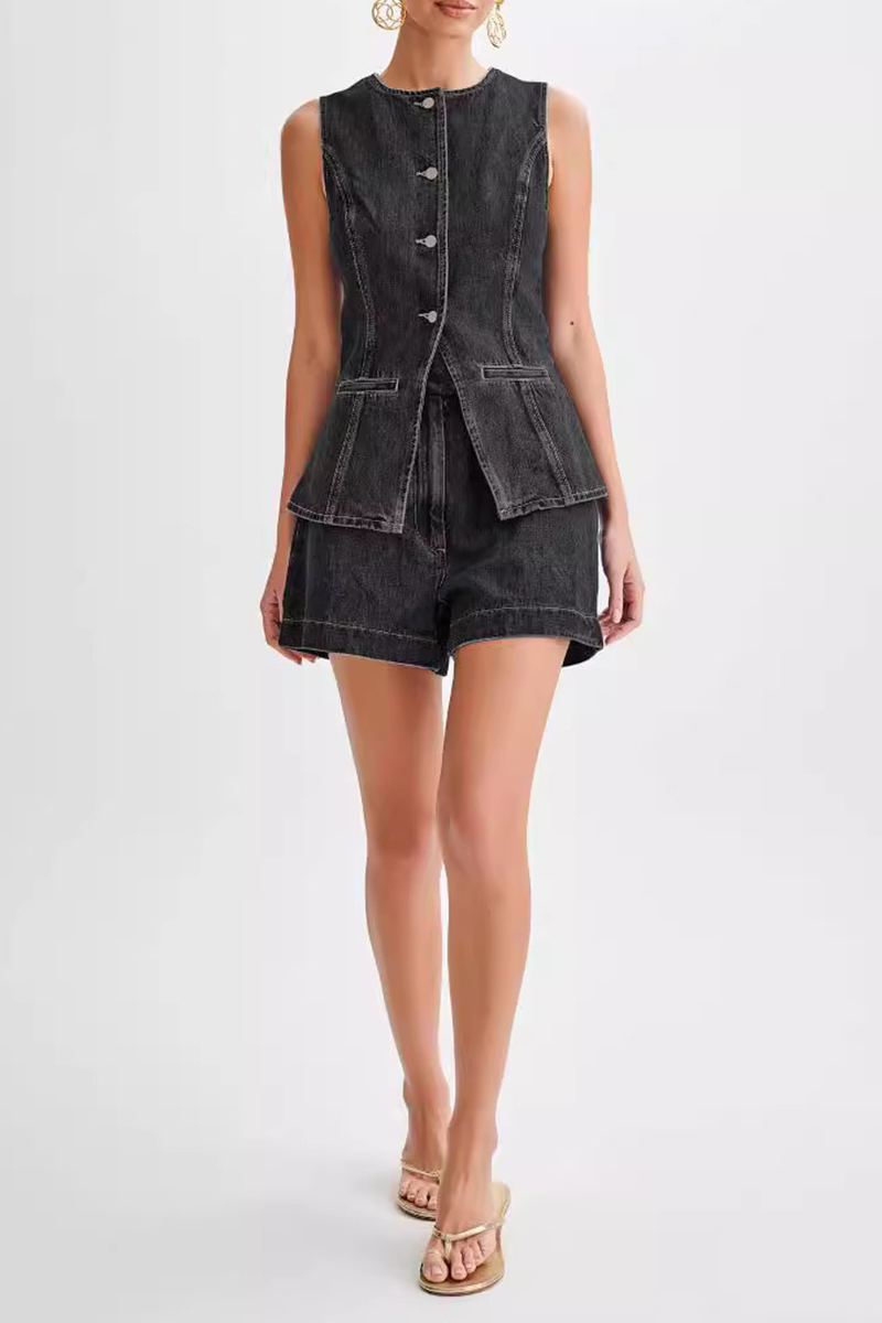 Conjunto informal de dos piezas con cuello redondo, sin mangas, color liso, botones y patchwork (4 colores)