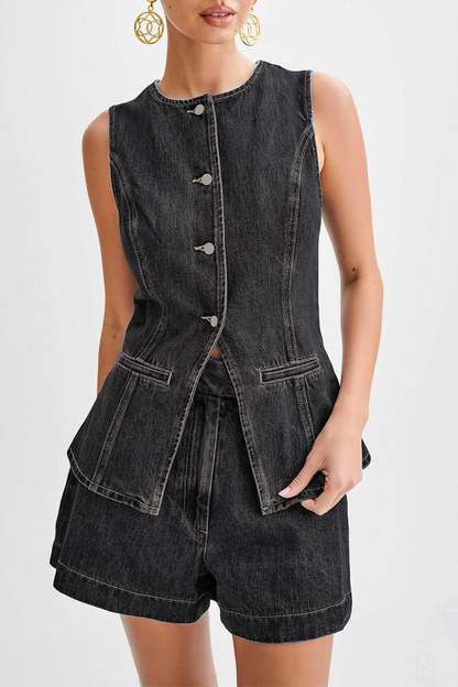 Conjunto informal de dos piezas con cuello redondo, sin mangas, color liso, botones y patchwork (4 colores)