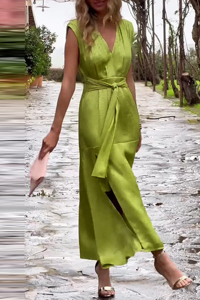 Vestidos sexis de color sólido con encaje y abertura en la cintura con escote en V