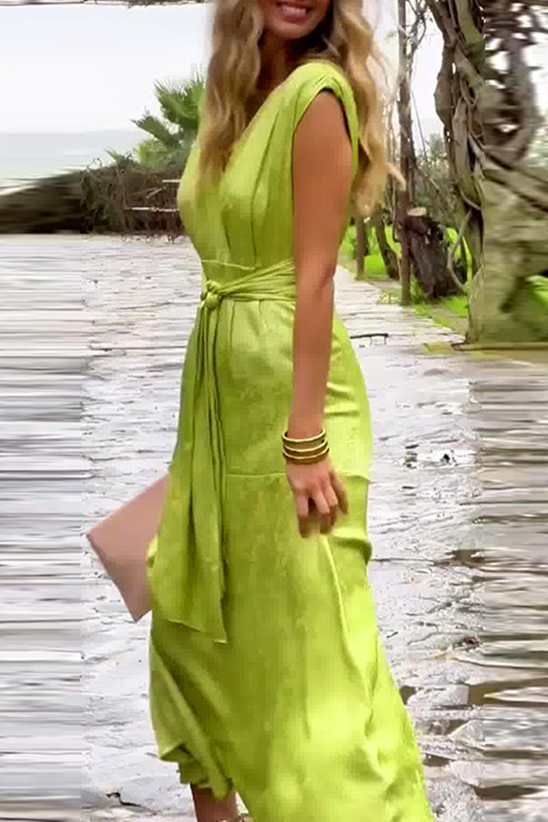 Vestidos sexis de color sólido con encaje y abertura en la cintura con escote en V