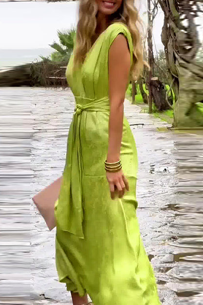 Vestidos sexis de color sólido con encaje y abertura en la cintura con escote en V