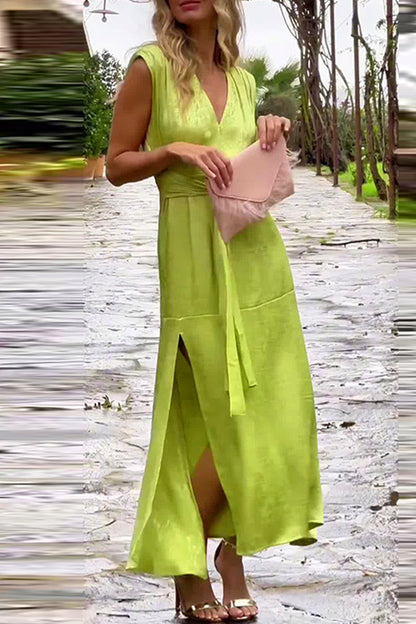 Vestidos sexis de color sólido con encaje y abertura en la cintura con escote en V