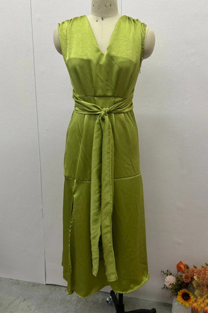 Vestidos sexis de color sólido con encaje y abertura en la cintura con escote en V