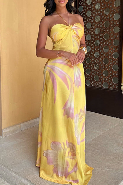 Vestidos largos sexis con estampado floral, espalda descubierta, cinturón y cuello halter
