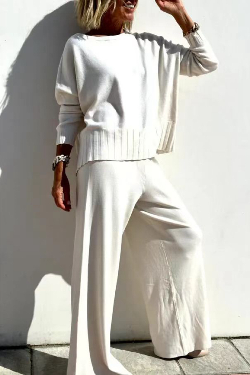 Conjunto informal de dos piezas con cuello redondo, manga larga, color liso y diario (3 colores)