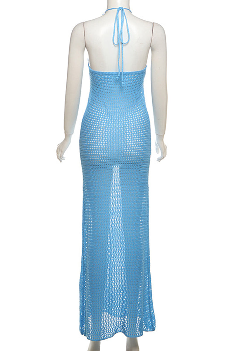 Vestidos largos con cuello halter, espalda descubierta y diseño de tiras, con flores sexys y retazos calados (3 colores)