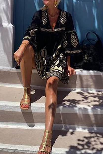 Vestidos casuales de corte A con cuello en V y estampado geométrico