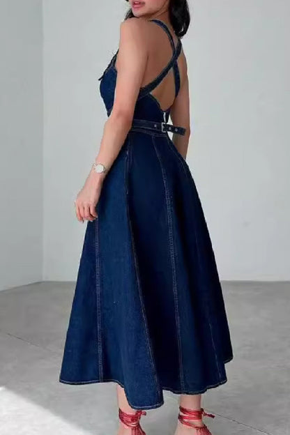 Vestidos casuales de mezclilla ajustados sin mangas con cuello en U de color sólido