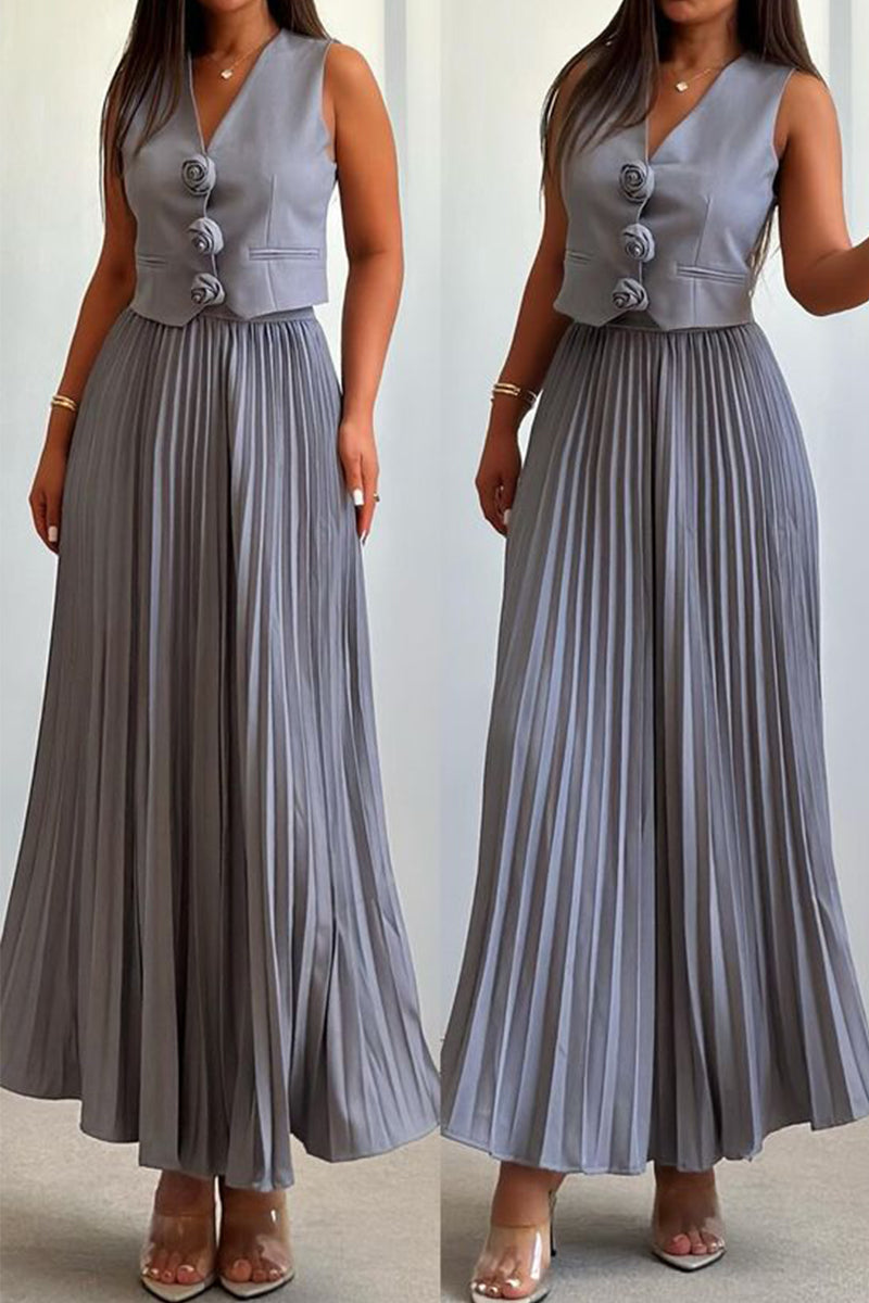 Elegante conjunto de dos piezas con cuello en V fruncido y flores de patchwork sin mangas (4 colores)