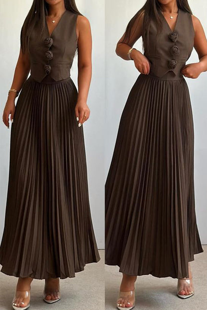 Elegante conjunto de dos piezas con cuello en V fruncido y flores de patchwork sin mangas (4 colores)