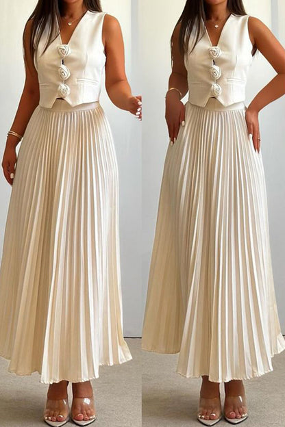 Elegante conjunto de dos piezas con cuello en V fruncido y flores de patchwork sin mangas (4 colores)