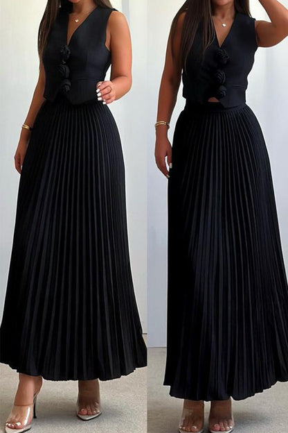 Elegante conjunto de dos piezas con cuello en V fruncido y flores de patchwork sin mangas (4 colores)