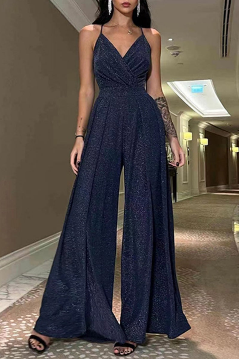 Mono sexy informal de color sólido con espalda descubierta y escote en V