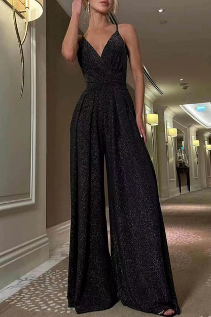 Mono sexy informal de color sólido con espalda descubierta y escote en V