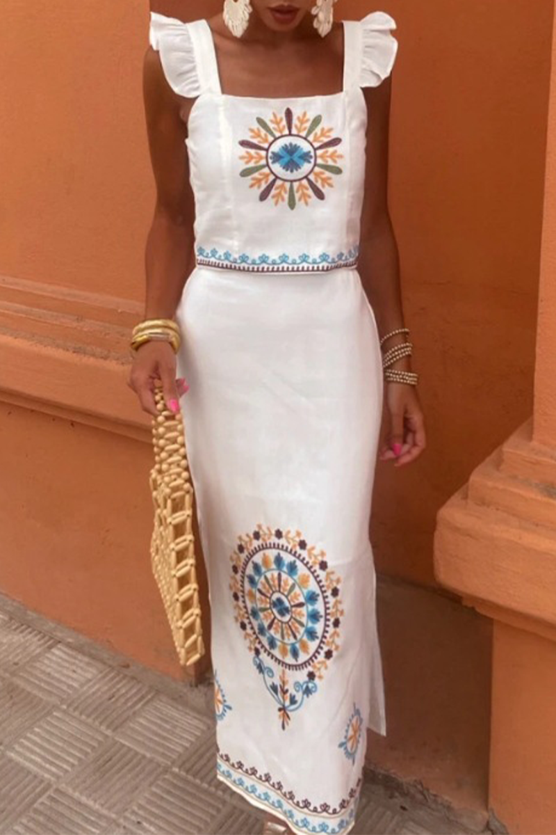 Conjunto informal de dos piezas con cuello cuadrado, volantes y estampado floral para vacaciones