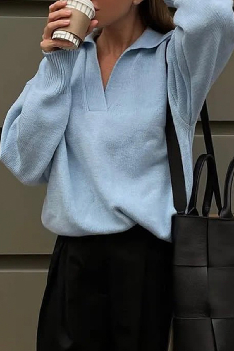 Suéteres casuales de cuello POLO de punto con patchwork de color sólido para uso diario