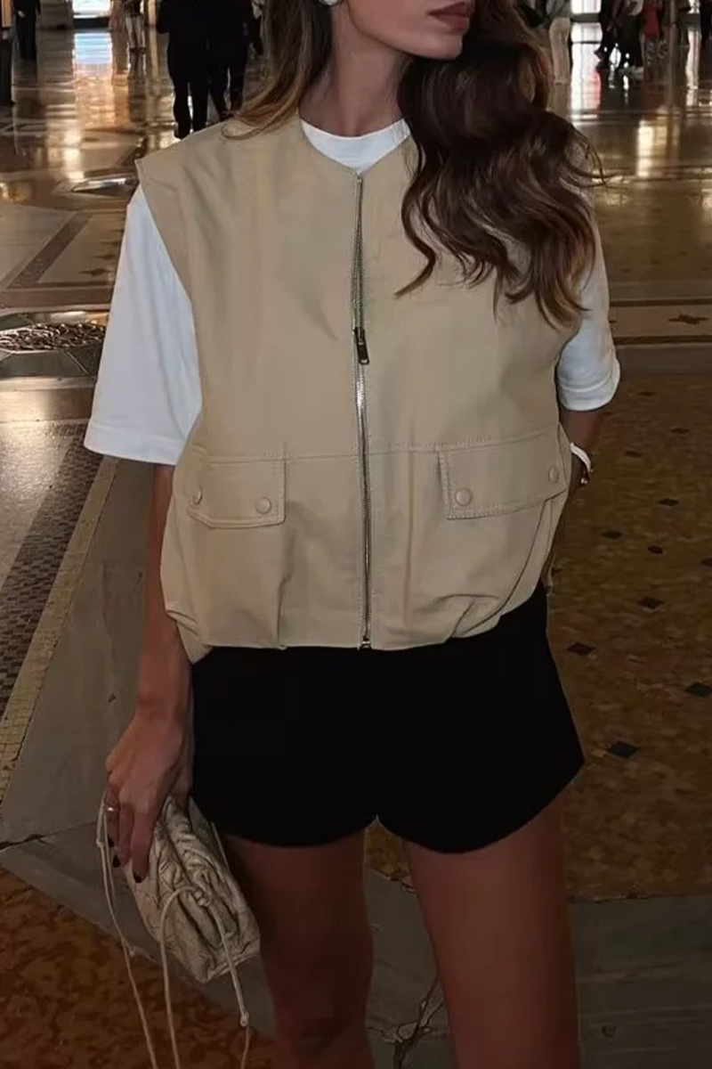 Chalecos casuales de calle de color sólido con bolsillo y cremallera y cuello redondo