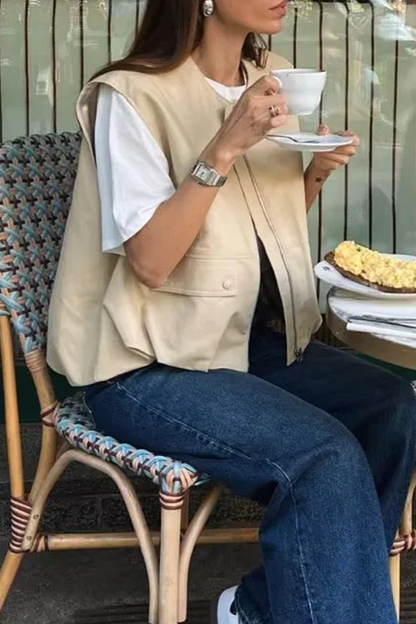 Chalecos casuales de calle de color sólido con bolsillo y cremallera y cuello redondo