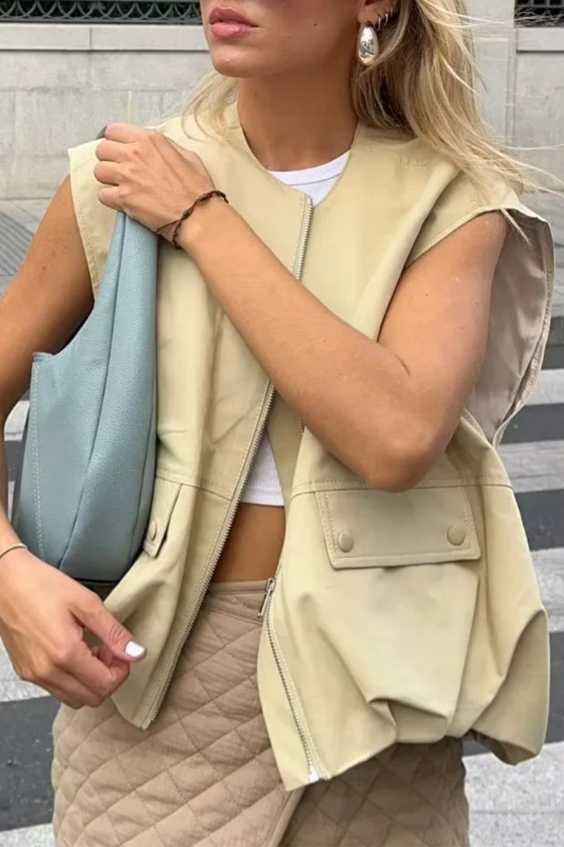 Chalecos casuales de calle de color sólido con bolsillo y cremallera y cuello redondo