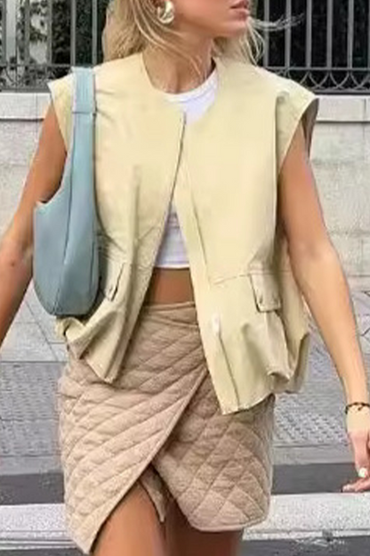 Chalecos casuales de calle de color sólido con bolsillo y cremallera y cuello redondo