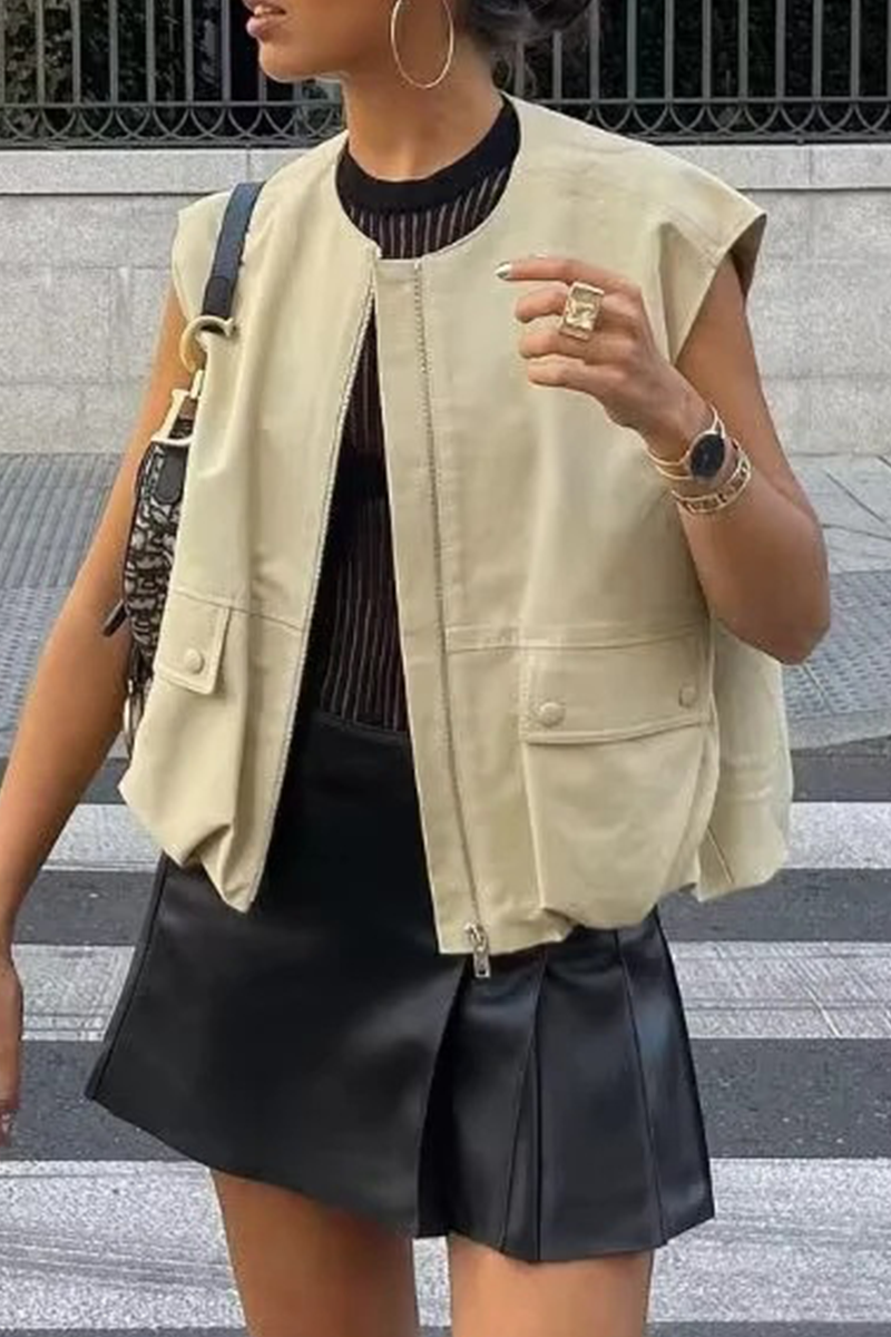 Chalecos casuales de calle de color sólido con bolsillo y cremallera y cuello redondo