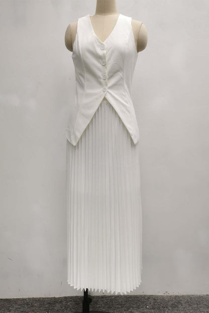 Conjunto de dos piezas elegante de diario, color liso, con botones, plisado, escote en V y sin mangas (3 colores)