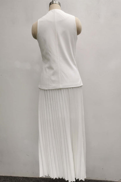 Conjunto de dos piezas elegante de diario, color liso, con botones, plisado, escote en V y sin mangas (3 colores)