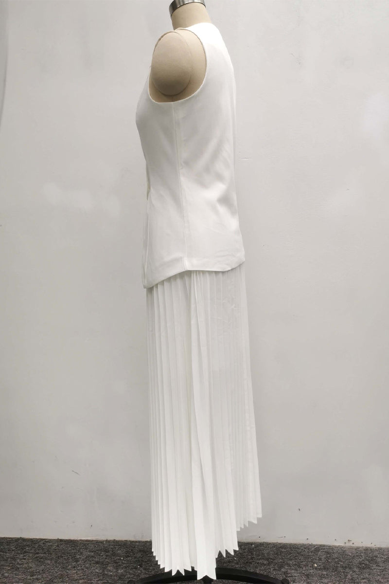 Conjunto de dos piezas elegante de diario, color liso, con botones, plisado, escote en V y sin mangas (3 colores)