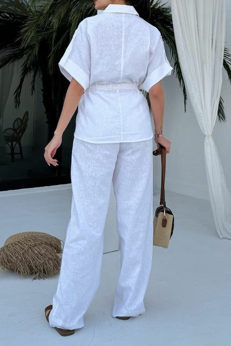 Conjunto informal de dos piezas de manga corta con cuello vuelto, bolsillo con cordón y color liso para uso diario (3 colores)