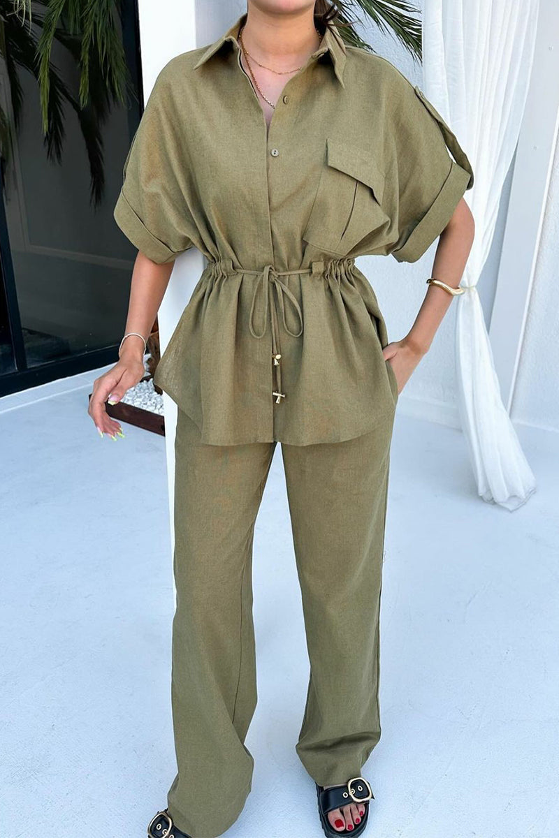 Conjunto informal de dos piezas de manga corta con cuello vuelto, bolsillo con cordón y color liso para uso diario (3 colores)