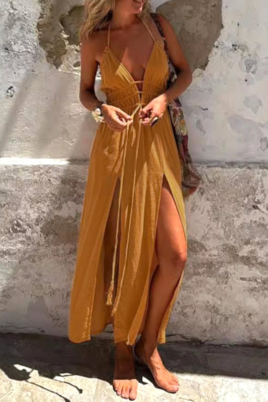 Vestidos sexys de vacaciones de color sólido con diseño de tirantes y aberturas, estilo halter irregular