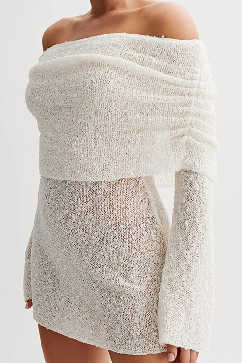 Vestido sexy de un solo paso con falda de color sólido, transparente, con aberturas y hombros descubiertos