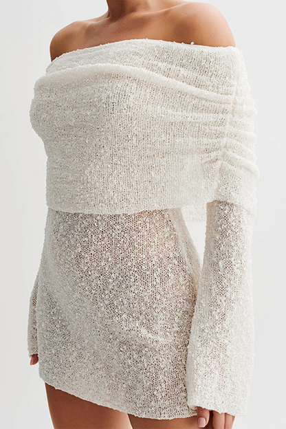 Vestido sexy de un solo paso con falda de color sólido, transparente, con aberturas y hombros descubiertos