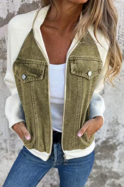 Prendas de abrigo informales de color liso con cremallera y cuello vuelto en contraste (8 colores)