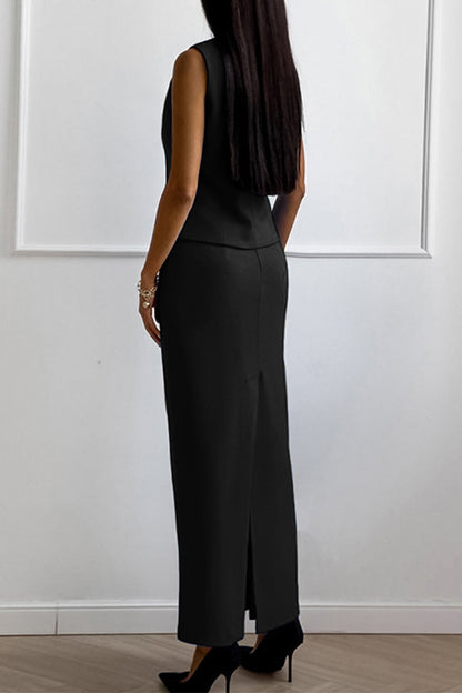 Conjunto informal de dos piezas con cuello en V, sin mangas, color liso, botones y diario