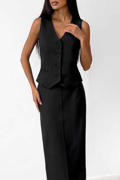 Conjunto informal de dos piezas con cuello en V, sin mangas, color liso, botones y diario