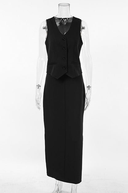 Conjunto informal de dos piezas con cuello en V, sin mangas, color liso, botones y diario