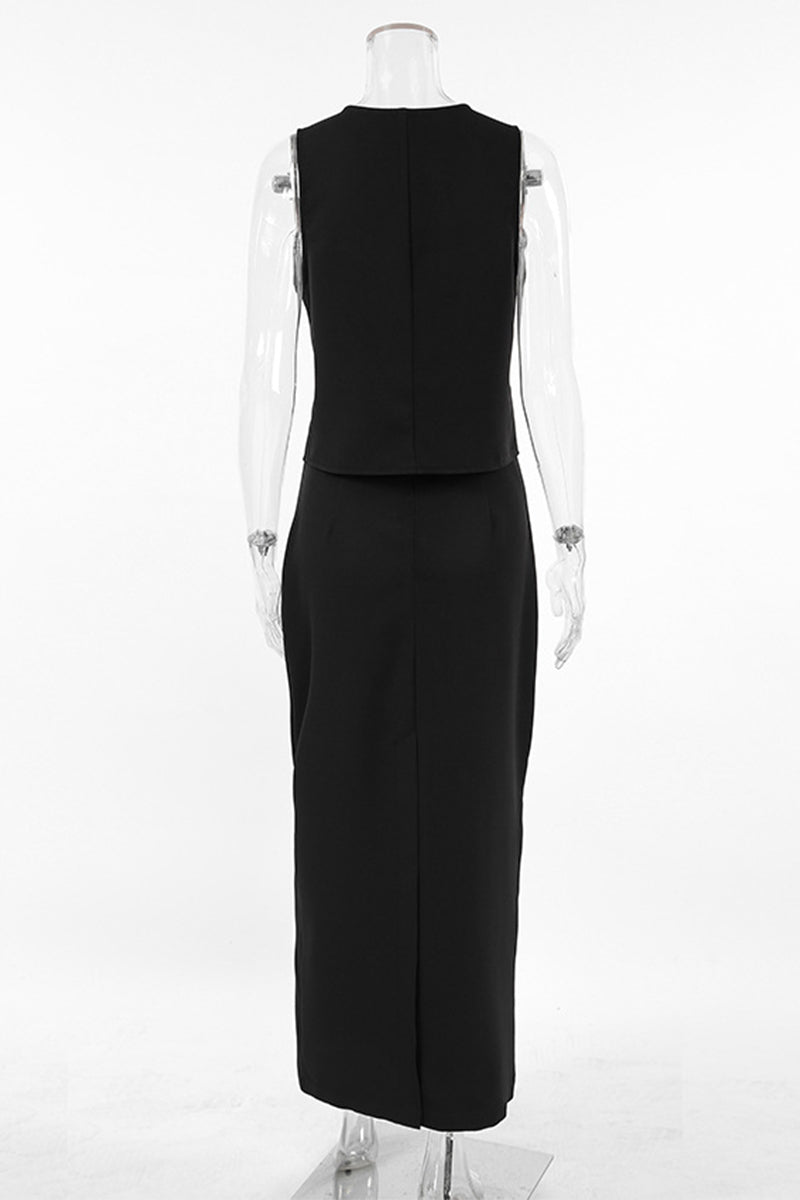 Conjunto informal de dos piezas con cuello en V, sin mangas, color liso, botones y diario